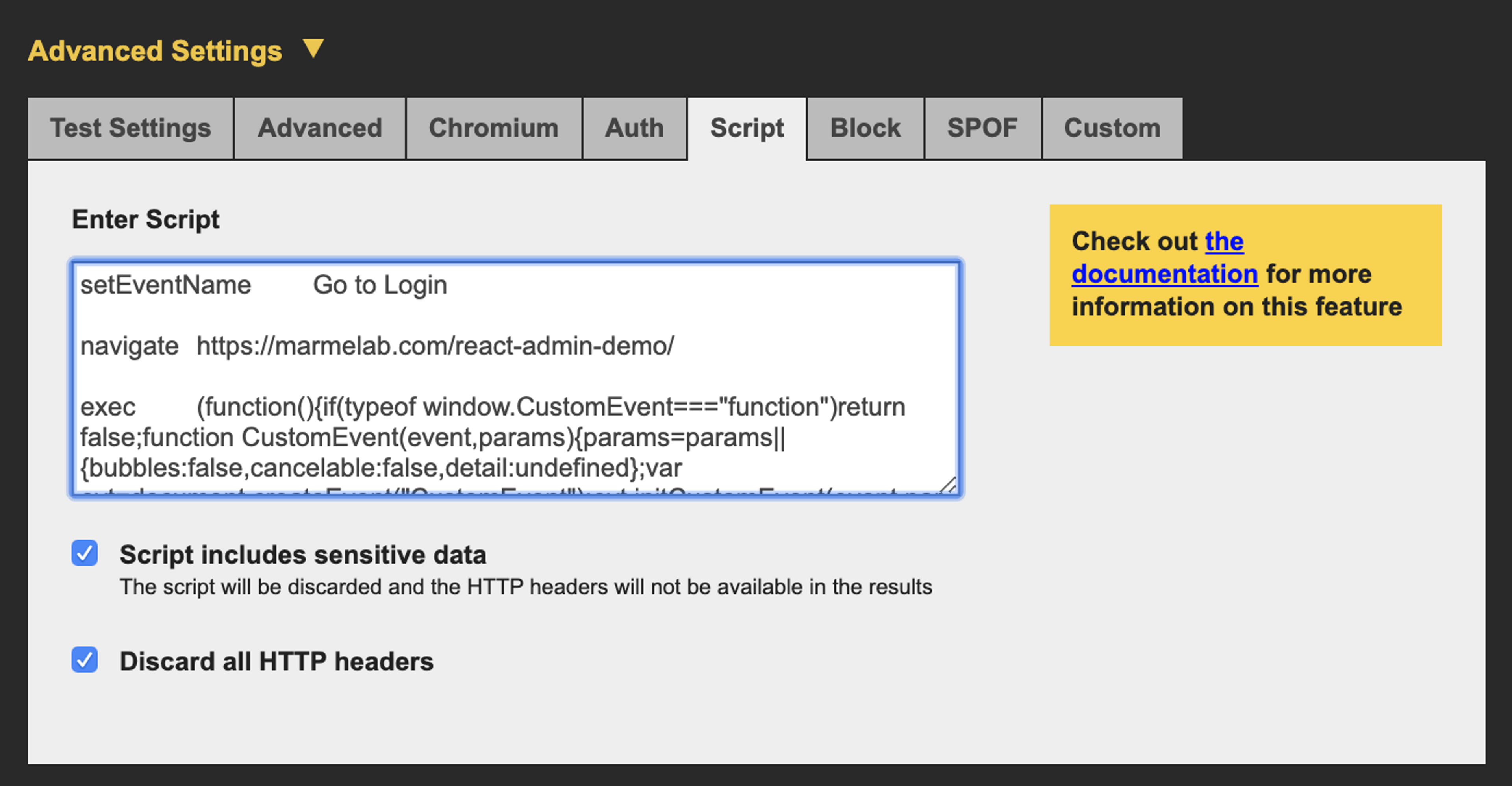 WebPageTest security controls